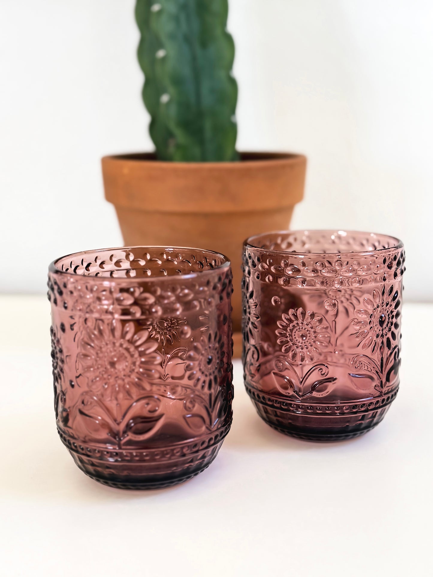 Blush Pressed Glass Floral Tumbler