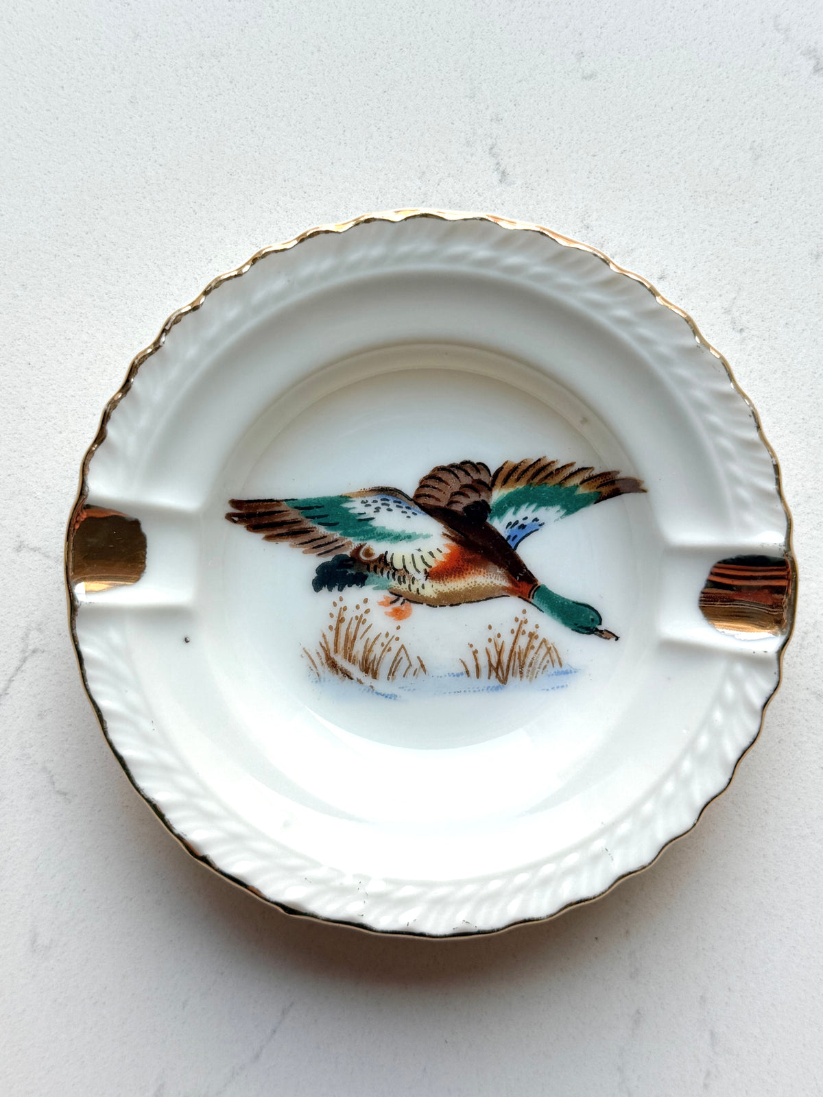 Vintage porcelain mallard duck ashtray with gold trim. Repurpose as a ring dish, jewelry holder or trinket tray for collected Western and lodge decor.
