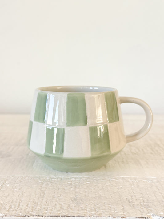 Sage Green Checkered Stoneware Mug