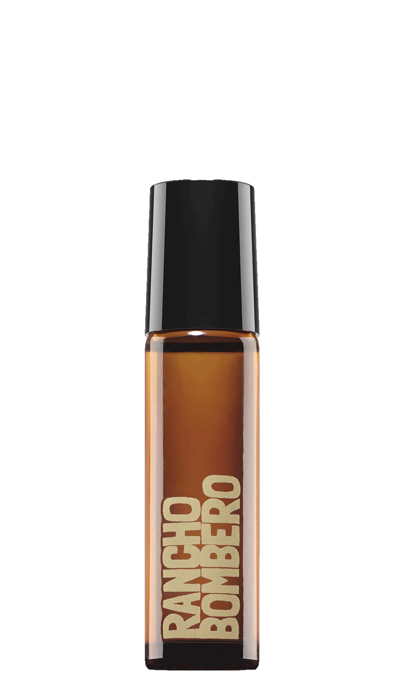 A clear cylindrical cosmetic bottle filled with warm amber-brown liquid, topped with a glossy black cap. The bottle is printed with the brand name 'RANCHO BONERO' in large vertical beige letters.