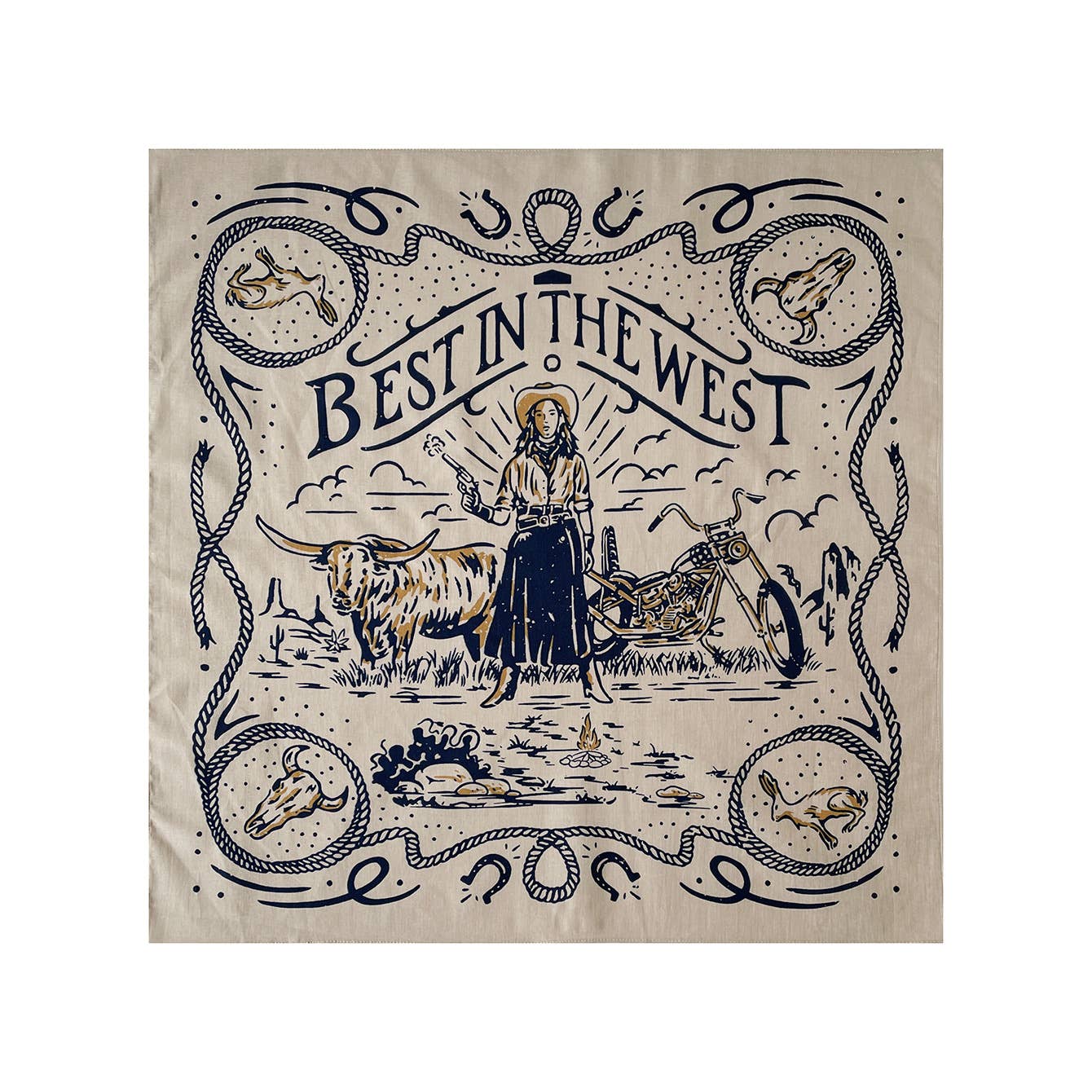 A square bandana or scarf featuring a vintage western illustration with the text 'BEST IN THE WEST'. The design shows a woman standing with a rifle next to a steer and a motorcycle, framed by rope borders and circular cowboy motifs on a beige fabric background.