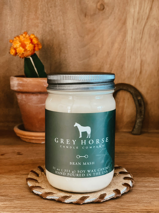 Grey Horse Candle in Bran Mash scent, reminiscent of a freshly baked snickerdoodle cookie